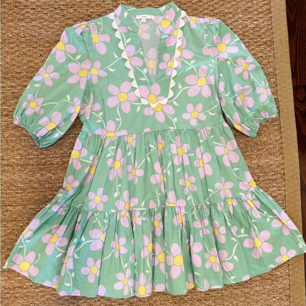 Floral Green Dress with Purple and Yellow Flowers- Karlie brand